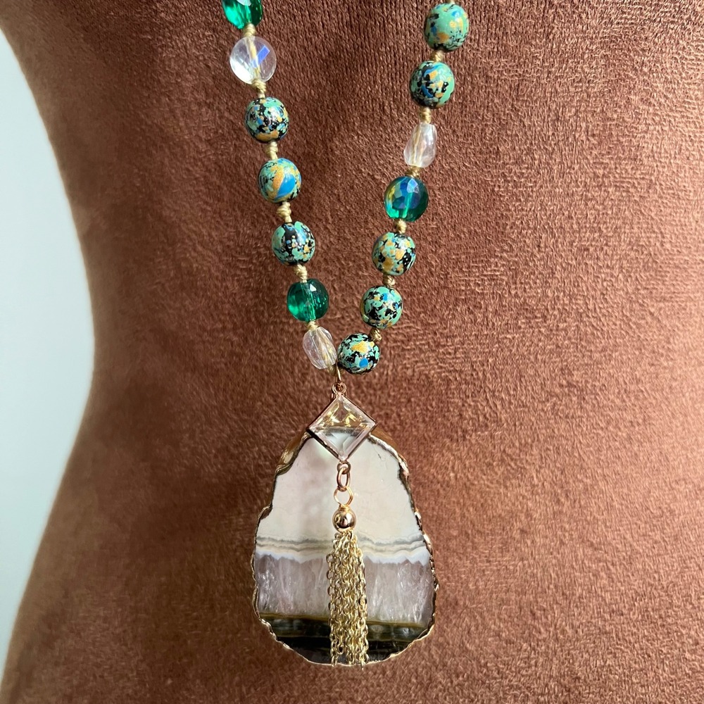 Vintage Agate Geode Tassel Beaded Long Necklace 36" Green Blue Whimsigoth